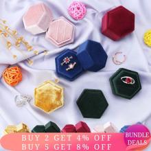 Hexagon Shape Velvet Jewelry Box Double Ring Storage Box Wedding Ring Display For Woman Earrings Packaging 5 Colors