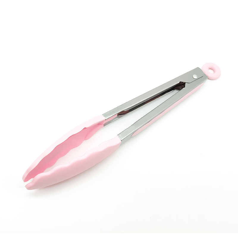 Premium 9 inch Silicone Kitchen Food Tong Stainless Steel Grill Tongs Non-slip Clip Clamp BBQ Salad Tong for Cooking: Pink