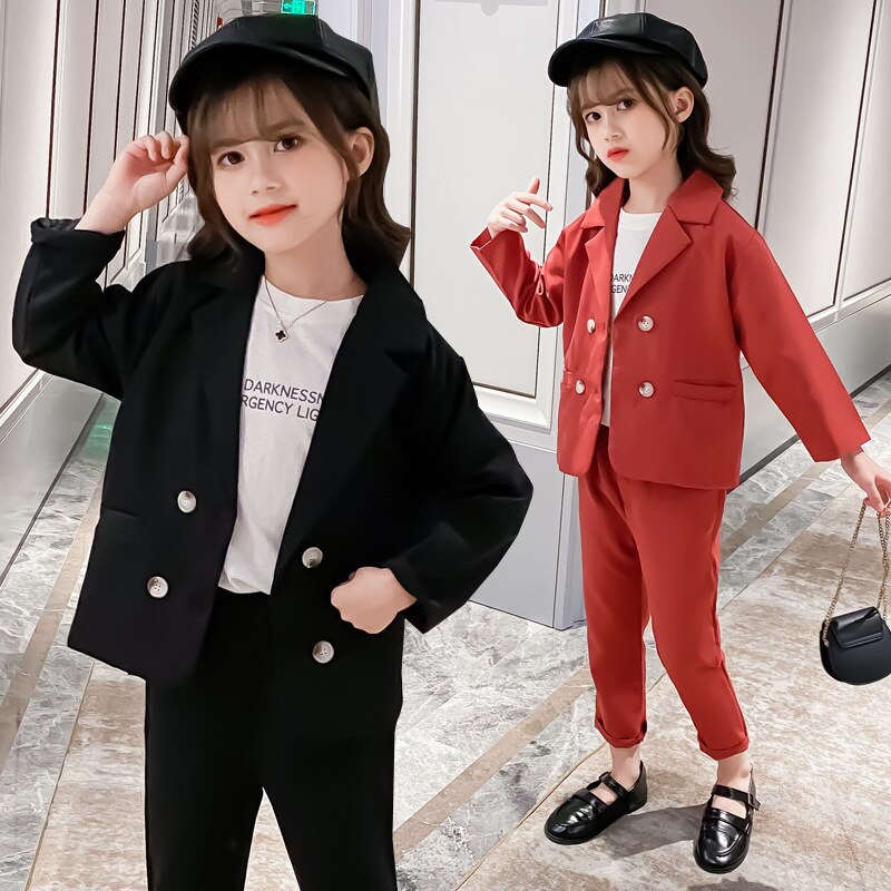 Herfst Koreaanse Meisjes Double Breasted Pak Set Kinderen Blazer Broek 2 Stuks Kleding Set Kids Party Show Kostuum