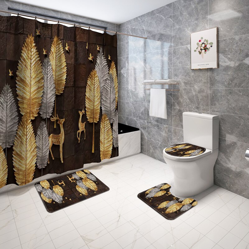 Cartoon Dier Gedrukt Tapijt Mat Voor Badkamer Badmat En Douchegordijn Set Toilet Seat Cover Mat Badmat Met gordijn Set: 4pcs-688
