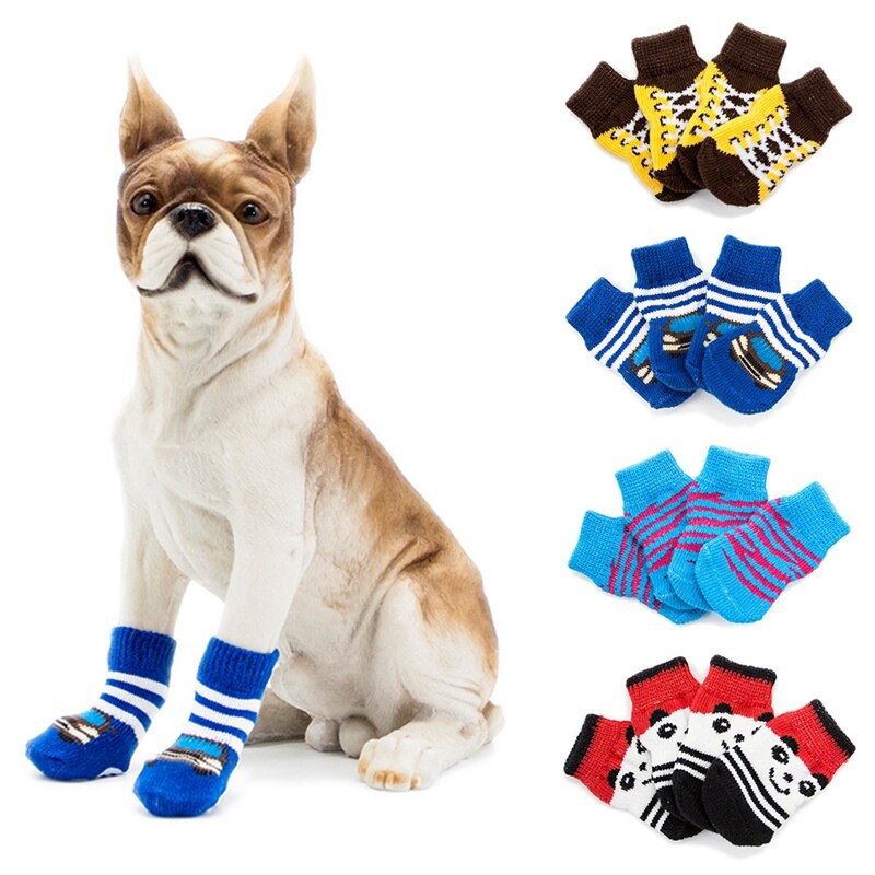 4 unids/set Cute Puppy Dog Shoes calcetines de algodón de punto antideslizantes para perros pequeños y medianos Puppy calcetines para caminar Paw Protector ..