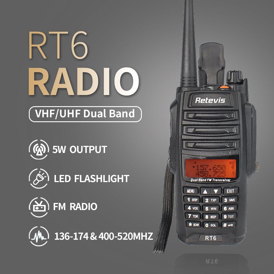 Retevis RT6 Wasserdichte Walkie Talkie IP67 5W 128CH Dual Band VHF UHF Radio VOX FM LCD Anzeige Tragbare Spaziergang sprechen Walkie-Talkie