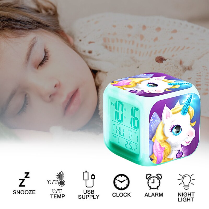 Unicorn Kids Alarm Clock 7 Colors LED Night light Wake Up Clock with Thermometer Snooze будильник Home Desk Decor Christmas