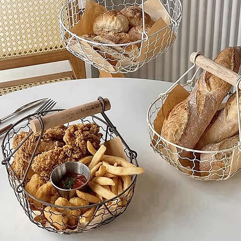 Metalen Draadmand Met Houten Handvat Decoratieve Serveermand Voor Broodvoedsel Fruit Ei Thuis Organizer Keuken Opslag Fruitbakken