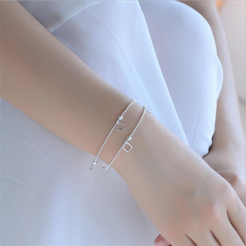 Aankomst Vrouwen Vierkante Double Layer Armband Meisjes Sieraden Mode 925 Sterling Zilveren Enkelbandje Vrouwelijke Party Accessoires Lady: bracelets