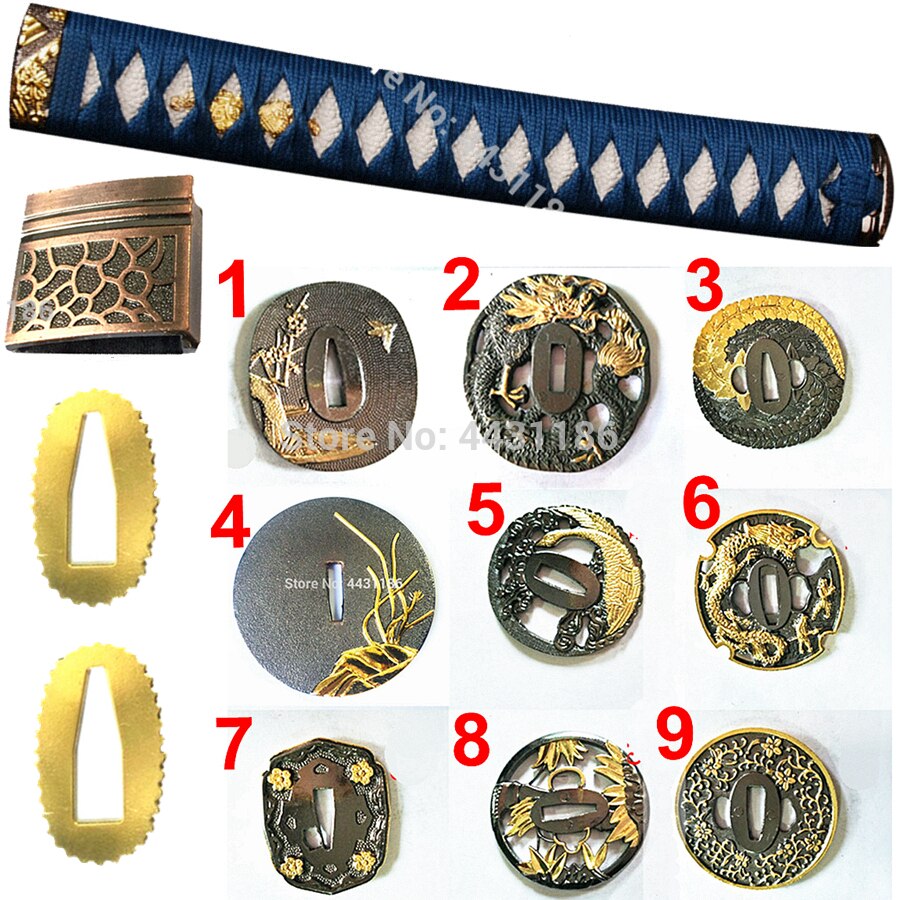 Flot metalhåndværk japansk sværdbeskyttelse til katana / wakizashi fittings sæt kirsite tsuba + menuki + fuchi + kashira + håndtag + habaki + seppa