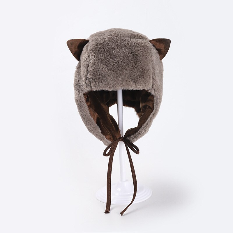 Leuke Kat Kids Hoeden Warme Dikke Bont Pluche Jongens Meisjes Winter Caps Effen Peuter Motorkap Oor Flap Mof Kinderen hoeden 4 Kleuren: Brown