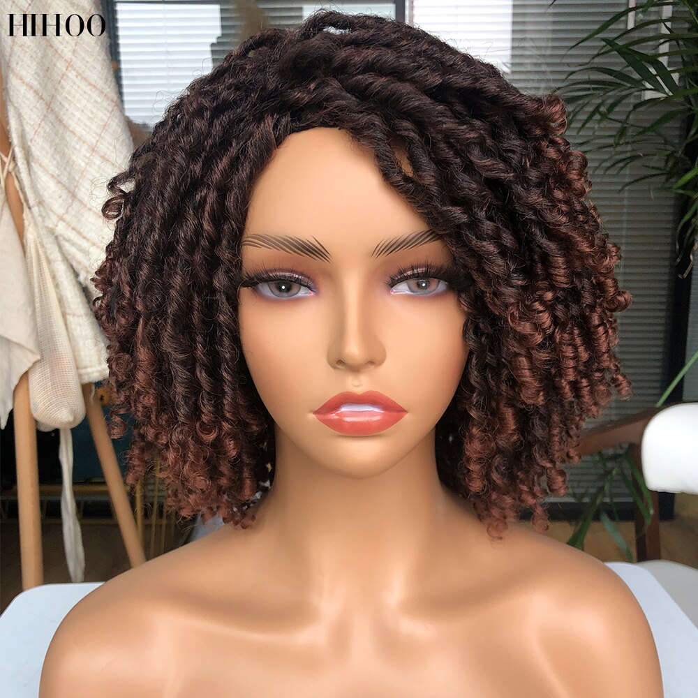 Hihoo Dreadlock Curly Wig Soft Short Synthetic Natural Hair Wigs With Bangs For Black Women Ombre Crochet Twist Hair Wigs 14'': T1B-30
