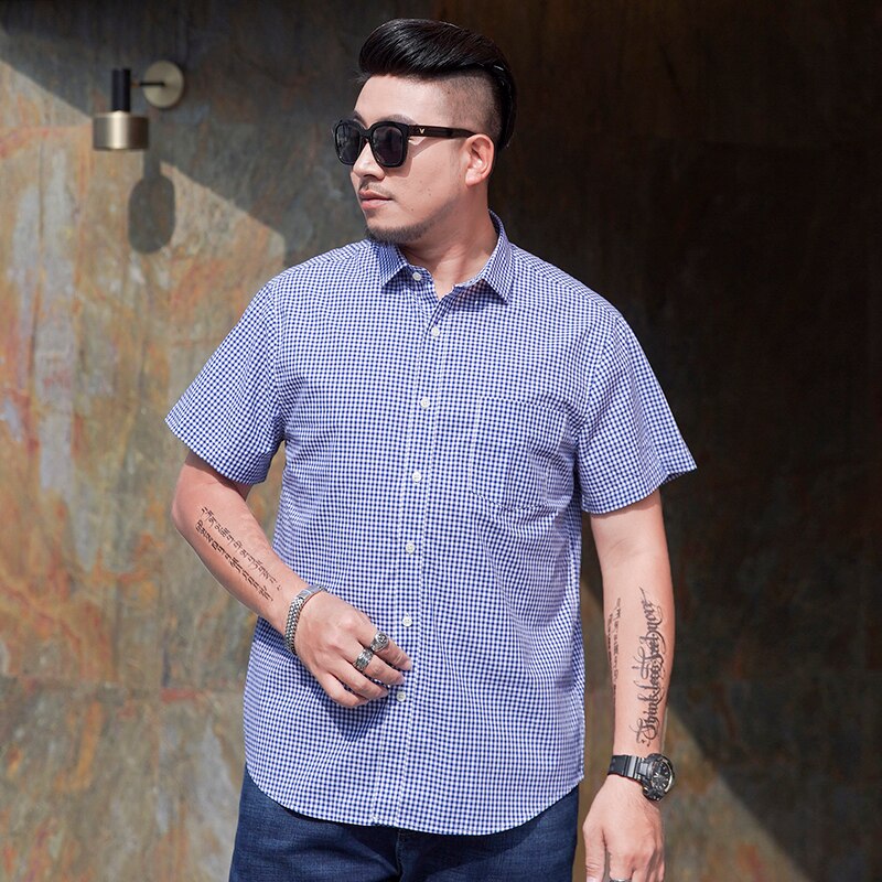 10XL big size Summer Men's leisure boutique cotton short sleeve shirt lattice Male lapel embroidery casual shirts