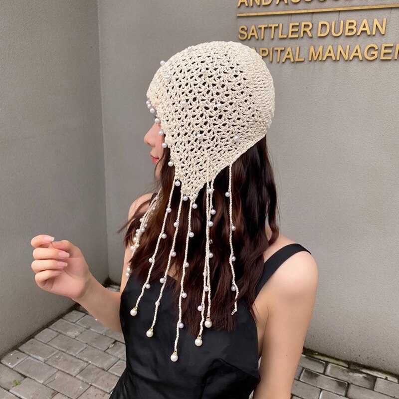 Kvinder hue alle årstider strikket hue hue dame hæklet perle skullies huer vintage kvindelige kvaster huer: Beige