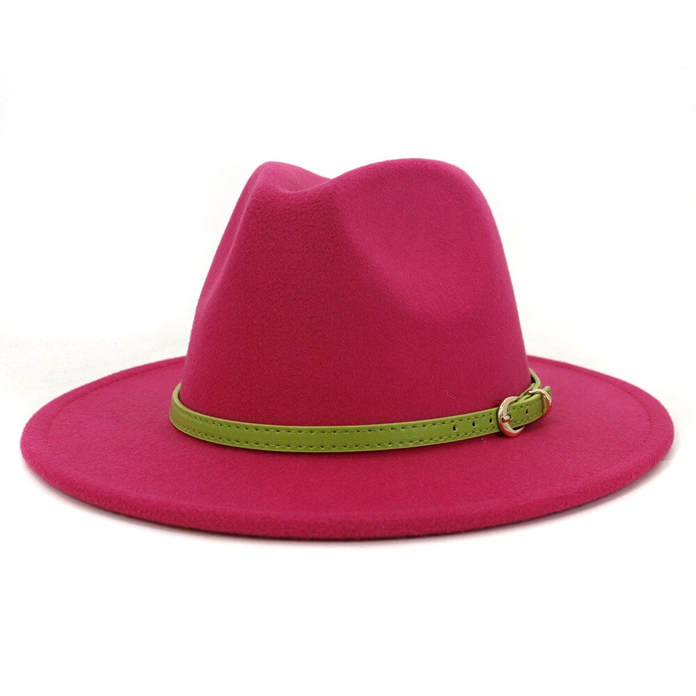 FS – Chapeau Fedora en feutre de laine pour homme et Femme, casquette à large bord, Vintage, Trilby Jazz, pour Couple, collection hiver et automne: Rose Red