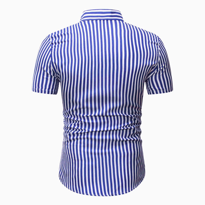 Blå hvide lodrette striber herreskjorter korte ærmer casual slim fit skjorte sommer toppe herre chemise homme
