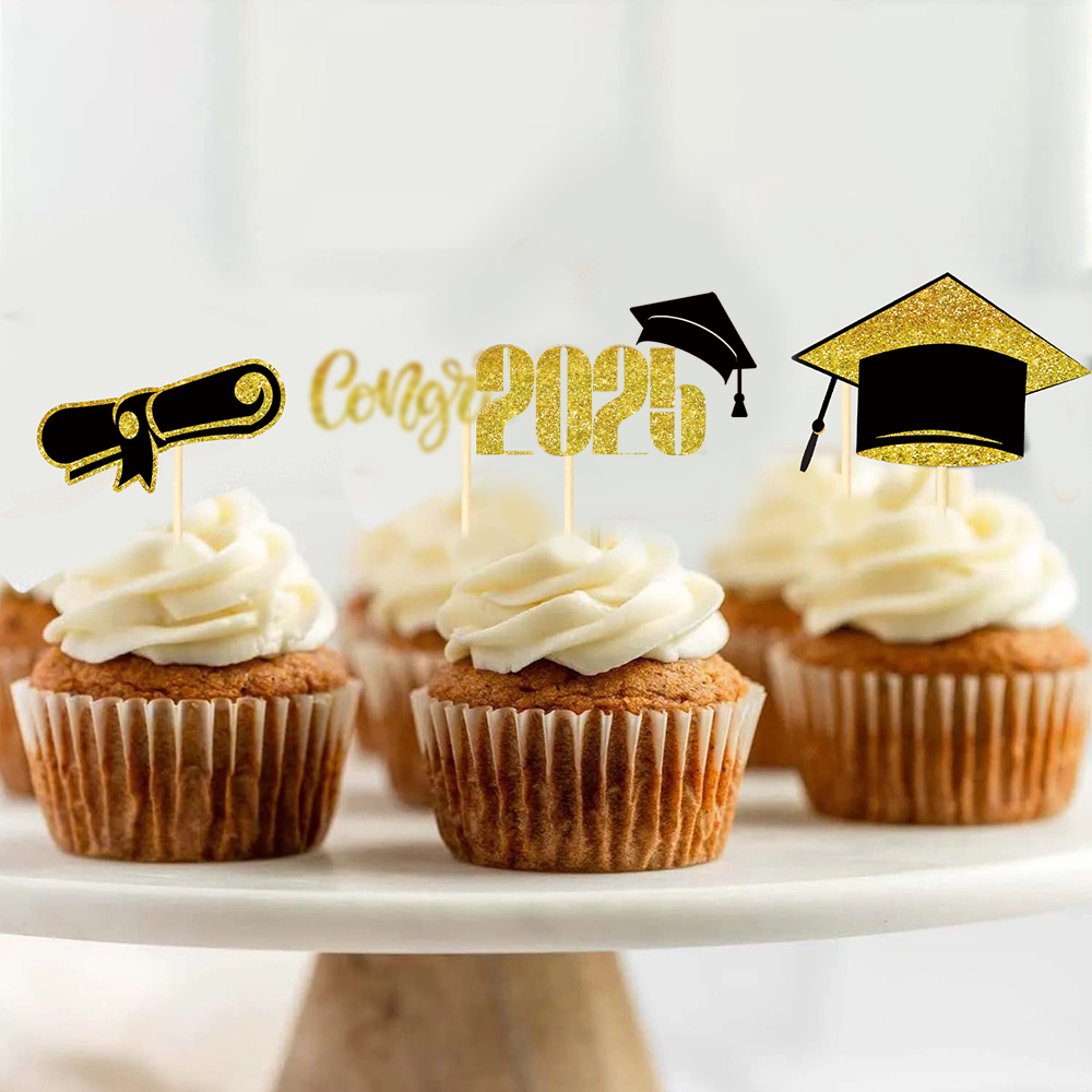 16pcs Glitter Graduation Cupcake Toppers Class of Congrats Grad Cap Diploma Cupcake Picks for Graduation Party Decorations