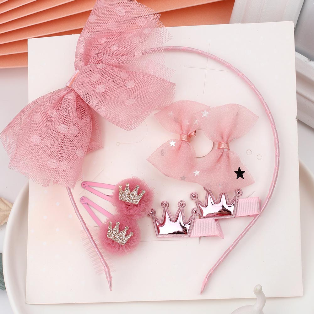 7 PCS/Set Hair Hoop Crown Flower Hair Tie Yarn Ball Hairclip Pentagram Butterfly Hairpin for Kids Headwear Barrettes Set: 3