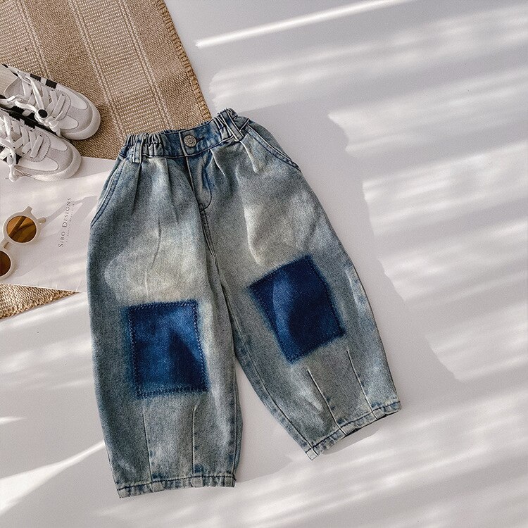 Stile coreano 2022 jeans patchwork moda ragazzi moda pantaloni larghi in denim lavaggio sabbia 1-7Y