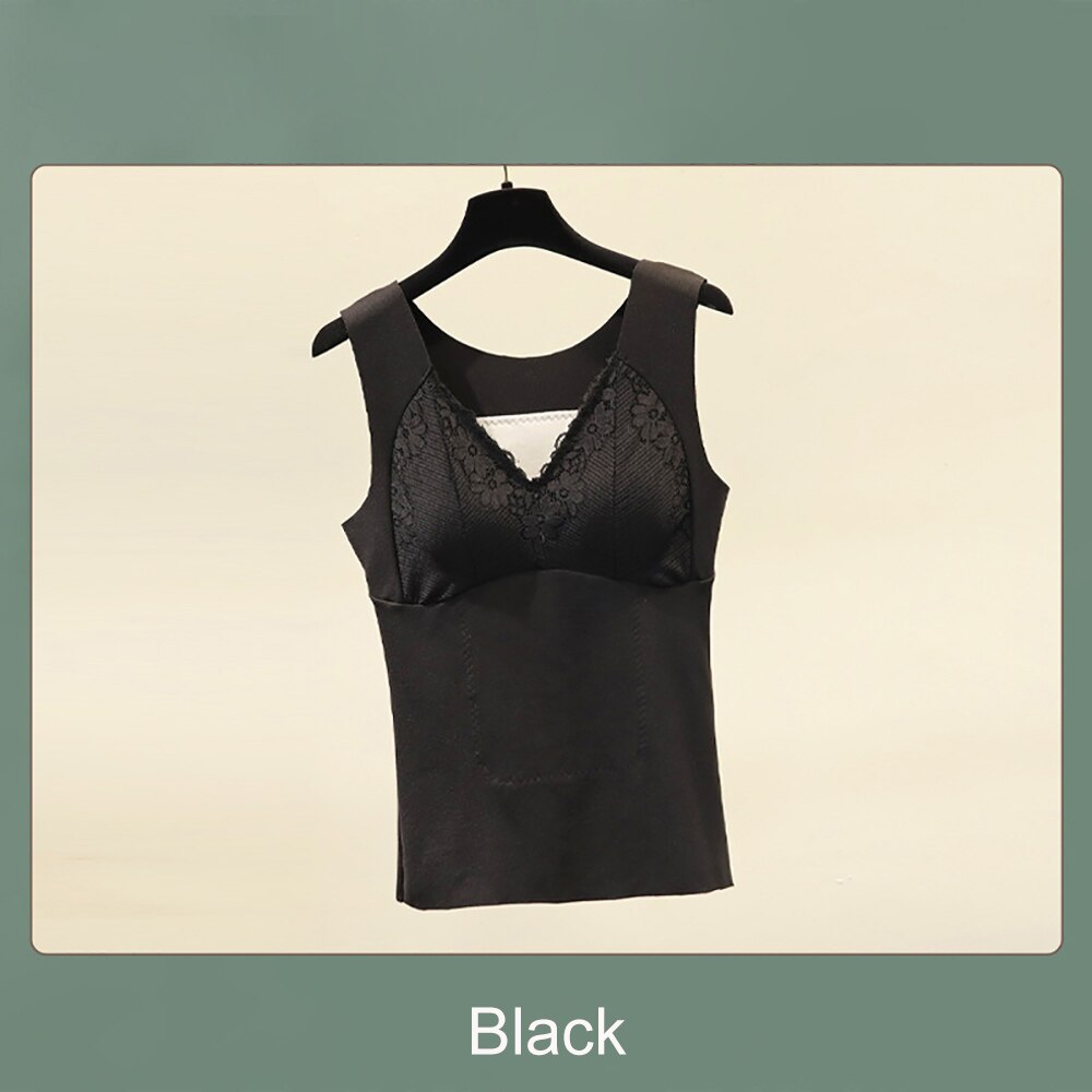 Frauen Winter warm Plus Samt Panzer oben sexy V-ausschnitt Spitze Ernte Spitzen Leibchen Dicke Weibliche oben Mit gepolstert Seide Patch caraco femme: Schwarz / M Pro 40-50kg