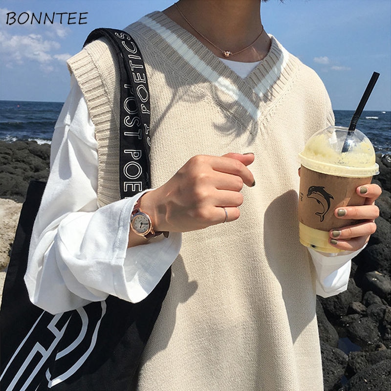 Camisola colete feminino com decote em v escola simples damasco all-match solto diário harajuku estilo japonês doce meninas roupas de tricô chique