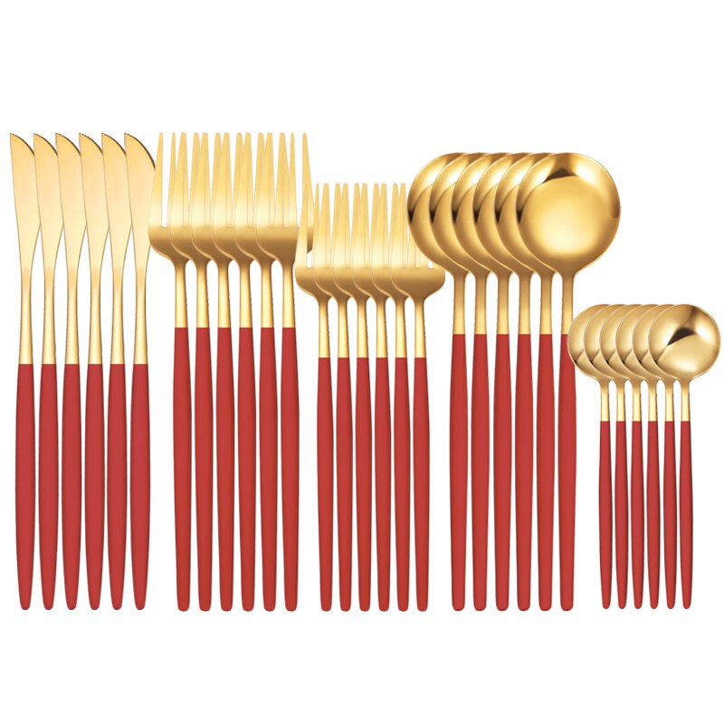 30Pcs White Gold Dinnerware Set Stainless Steel Knife Fork Spoon Cutlery Set Kitchen Tableware Set Flatware Set: 30Pcs Red Gold