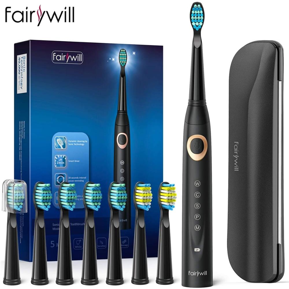 Fairywill – Brosses à dents électriques Sonic pour adultes et enfants,appareil de blanchiment rechargeable avec minuterie intelligente et 10 têtes de rechange, 5 modes de nettoyage,: 508B-5M-420-8BH