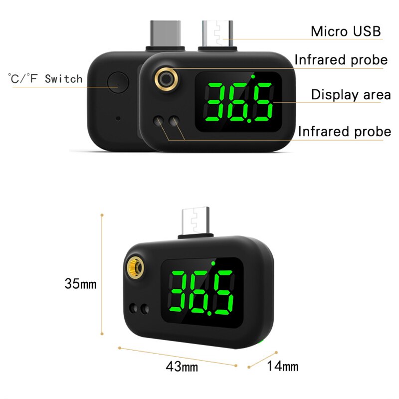 Termómetro portátil para teléfono inteligente, dispositivo de medición rápida de alta temperatura con alarma, para oído, para Android e IOS, tipo C