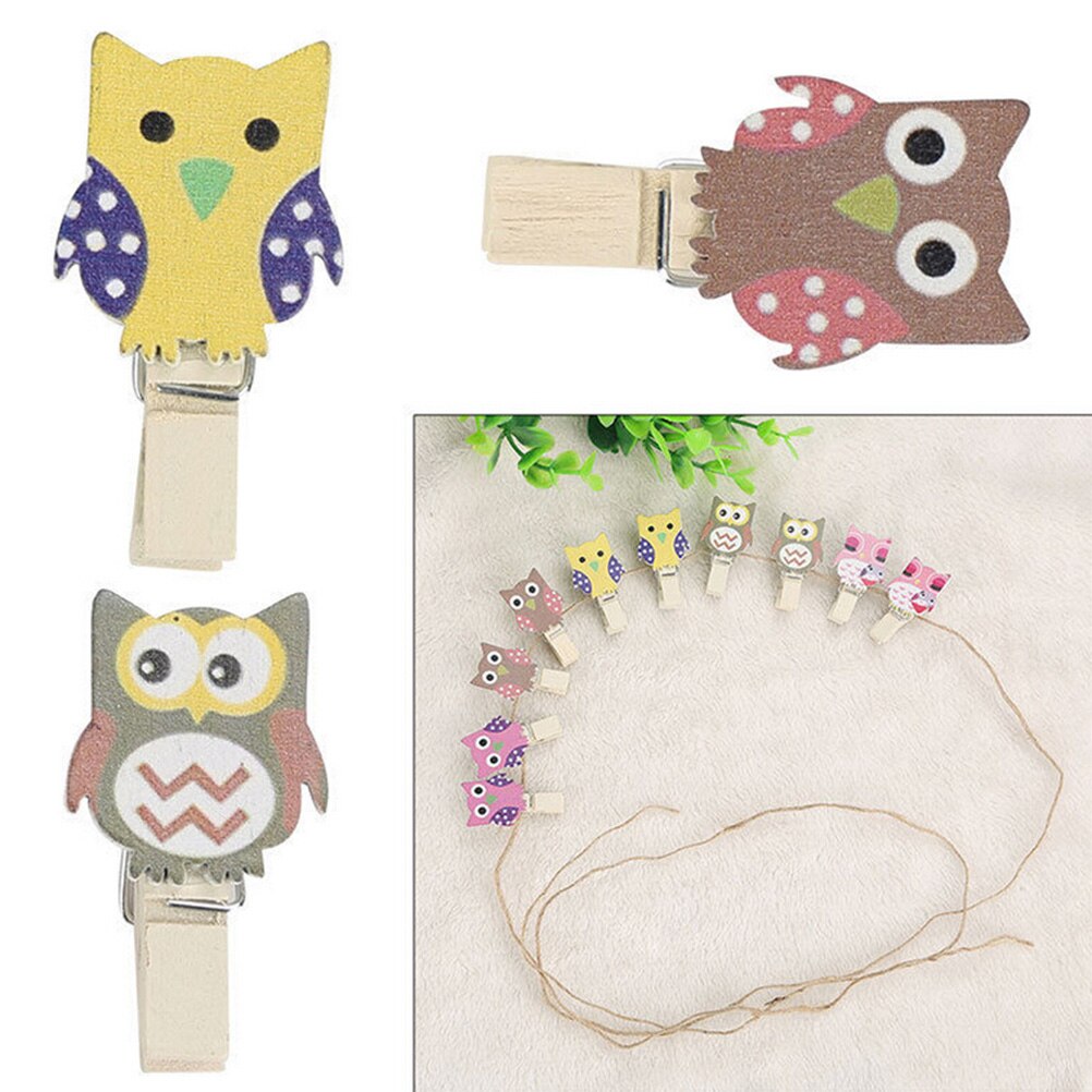 10 Stks/zak Kawaii Uil Houten Clip Wasknijpers Fotopapier Postkaart Craft Diy Clips Met Hennep Touw