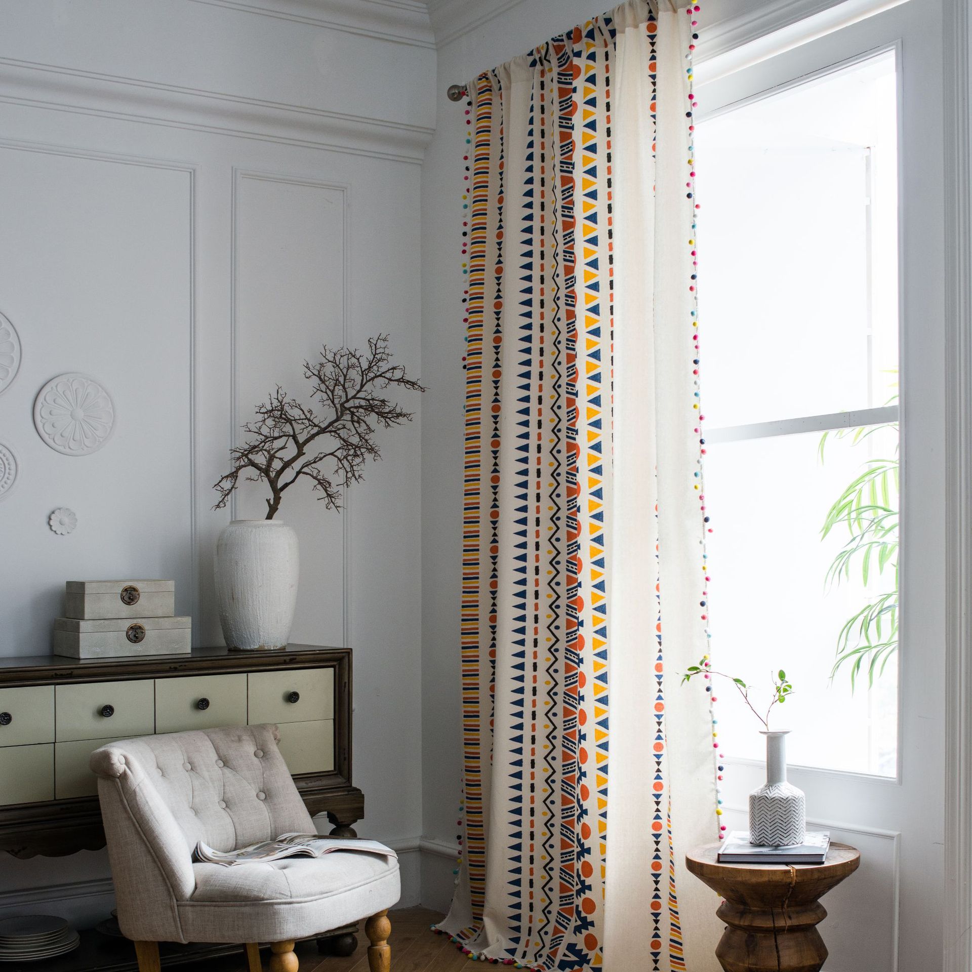 Bohemien gordijnen voor woonkamer slaapkamer katoenen linnen gordijn met pompon amerikaanse gordijnen geometrische raamdecoratie jaloezieën