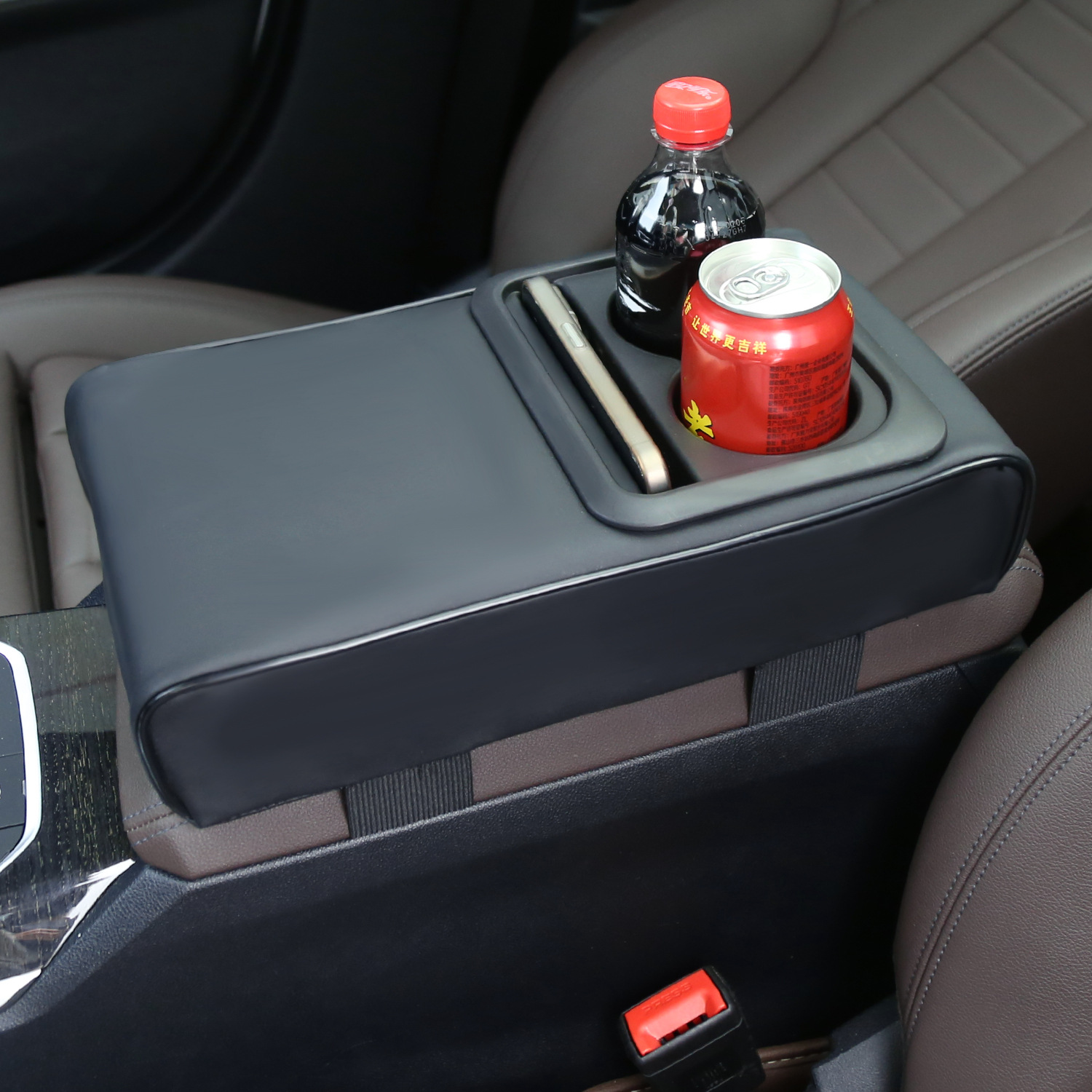 Auto Middenconsole Armsteun Kussen Met 2 Bekerhouder Pu Lederen Armsteun Pad Telefoonhouder Opbergtas Voor De Meeste Auto