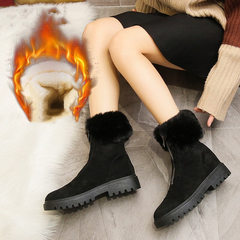 Women Boots Winter Mid Calf Front Zipper Warm Snow Boots Platform Keep with Thick Fur Heels Femme