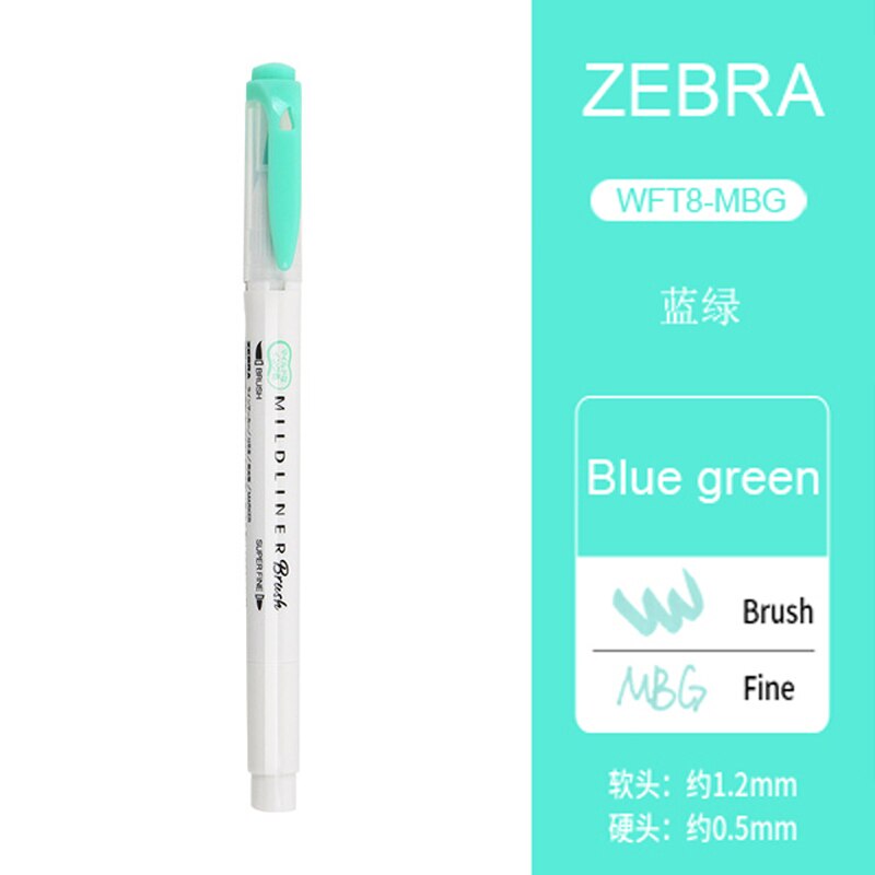 1 szt. Zebra WFT8 series dwugłowicowy fluorescencyjny marker (szczotka miękka końcówka + cienka końcówka końcówki) WKT7 ten sam kolor akwarela długopis do malowania: Blue green