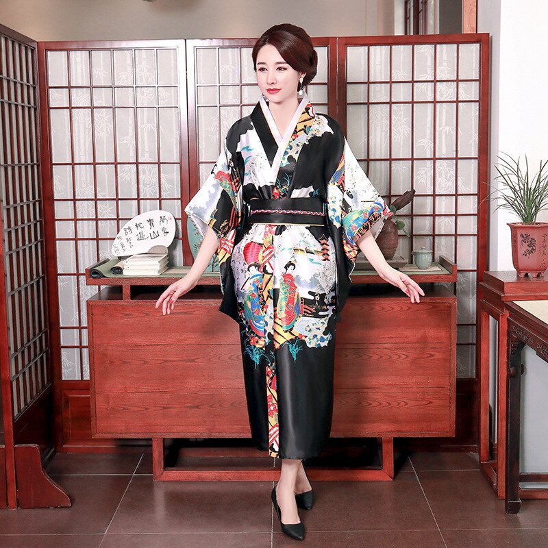 Satijnen Pyjama Japanse Kimono Dames Zomer Mid Mouwen Bridal Dressing Gown Plus Size Home Service Kamerjas Badjas: black