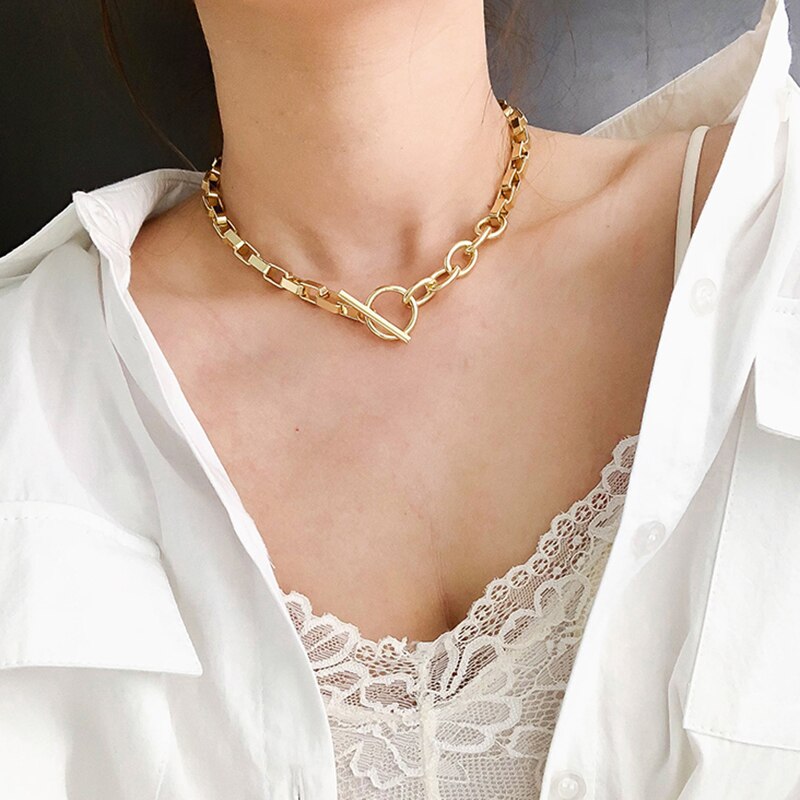 2022 Big Necklace for Women Twist Gold Silver Color Chunky Thick Lock Choker Chain Necklaces Party Jewelry: IF190-0407