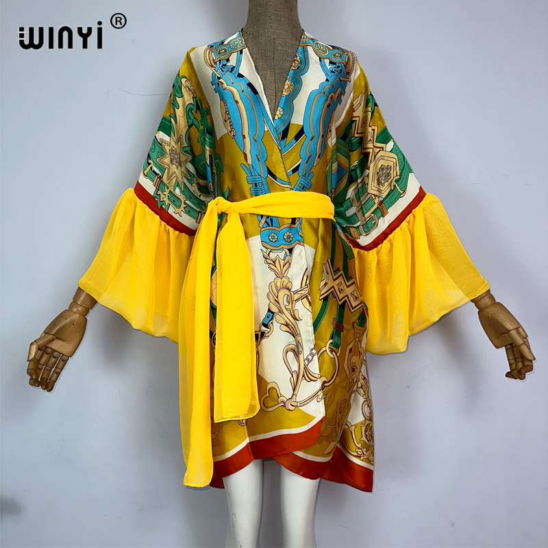 Winyi Kimono Bohemia Print Zelf Ceinted Jurk Vrouwen Elegante Zomer Bubble Mouw Vest Strandkleding Zwempak Cover Up: Army Green