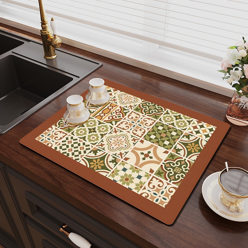 Estera de secado de platos impresa, esteras antideslizantes para vajilla de cocina, almohadilla de drenaje de café de absorción rápida, almohadilla de drenaje para vajilla, decoración del hogar
