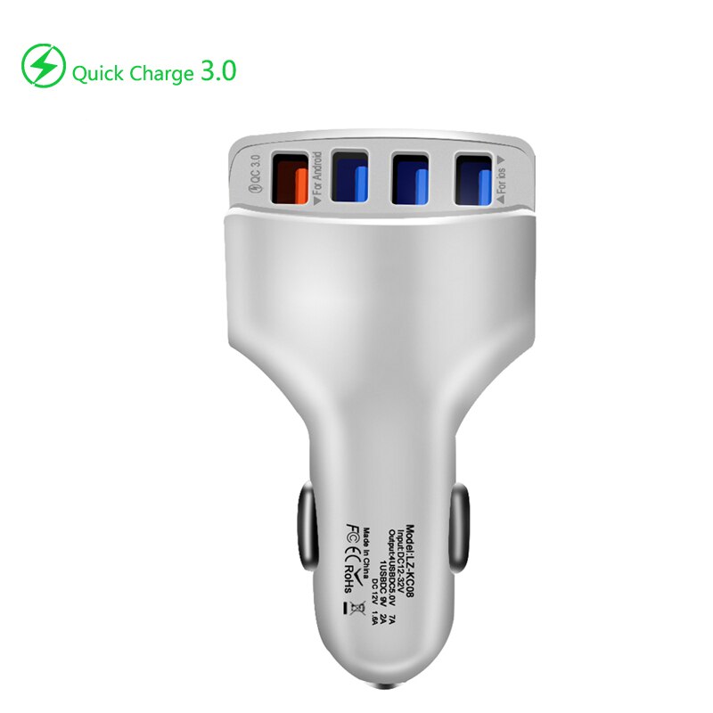 4 Poorten Autolader Quick Charge 3.0 Car Charger Usb Adapter Voor Samsung Xiaomi Mi 10 Huawei Iphone Auto Mobiele telefoon Oplader: White