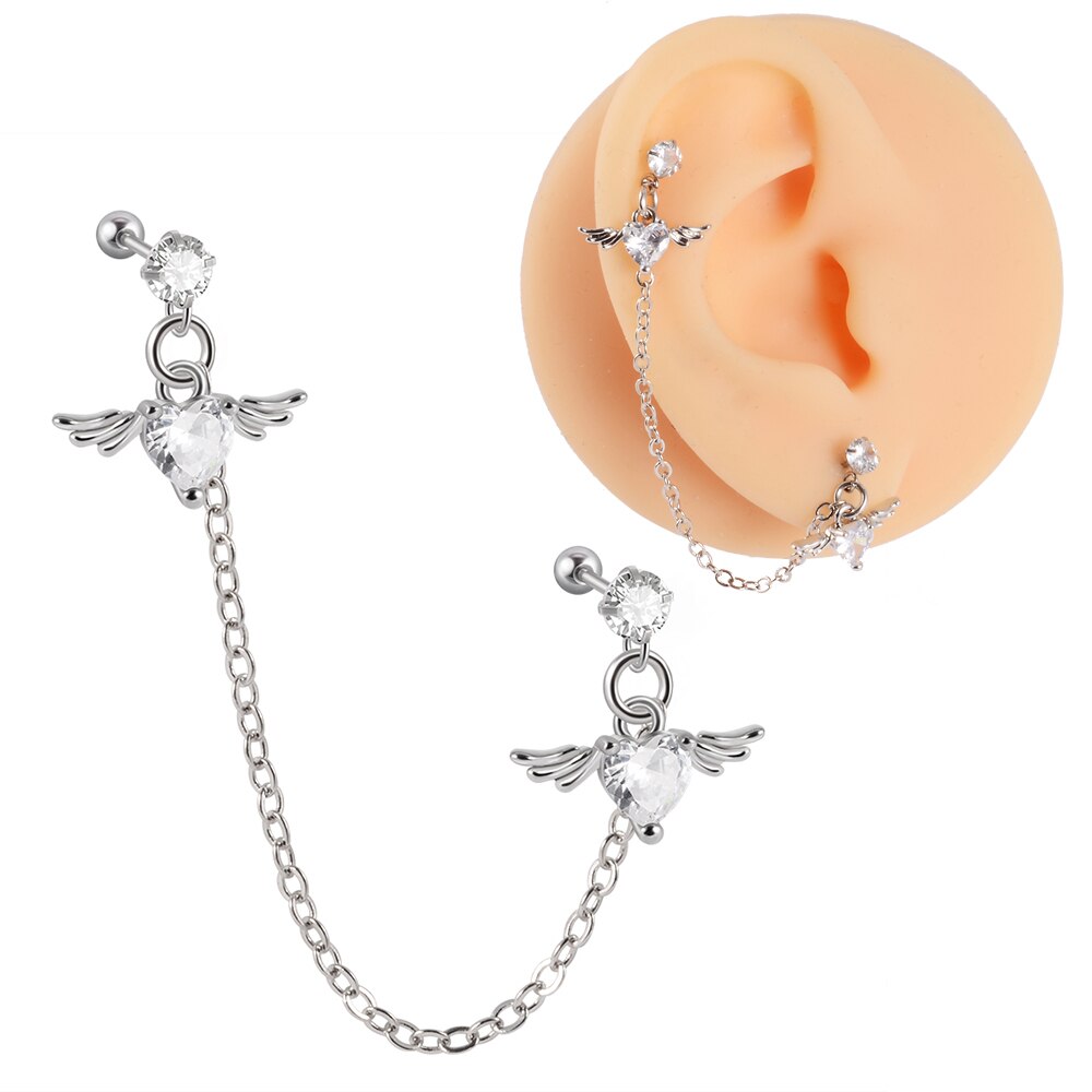 1Pc Chirurgisch Staal Cz Gem Oor Tragus Kraakbeen Piercing Zirkoon Dangle Chain Earring Conch Oor Stud Helix Piercing Body sieraden: 1PC Clear Wing