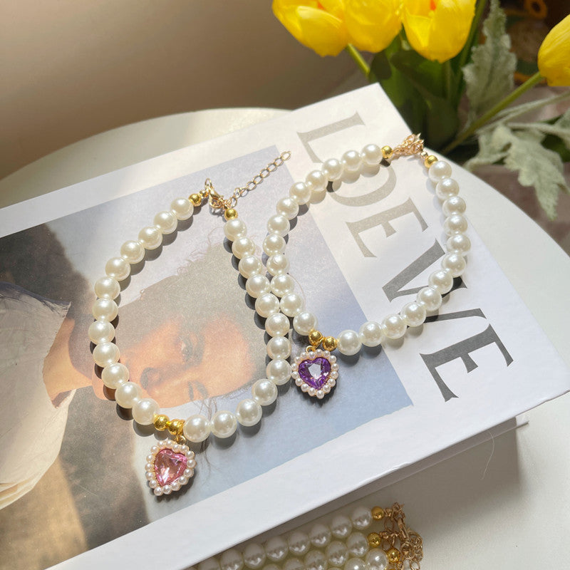 TONG luxe perle collier pour animaux de compagnie chat chien collier amour pendentif fournitures pour animaux de compagnie amour cristal collier chaton collier chat collier: L / Lavender