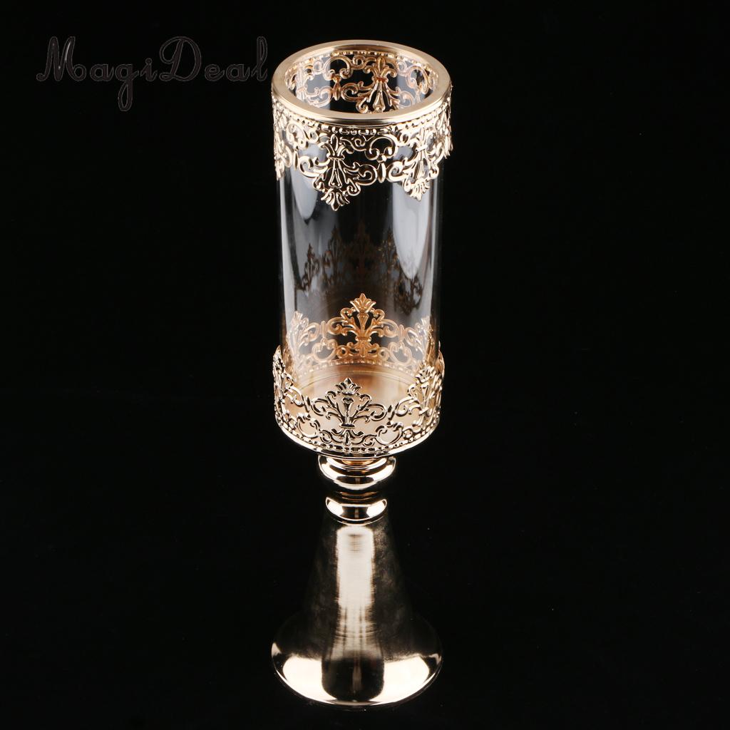 Antik guld metall piedestal ljusstake med glas blomma vas kristall draperad pelare stativ accent display prydnad