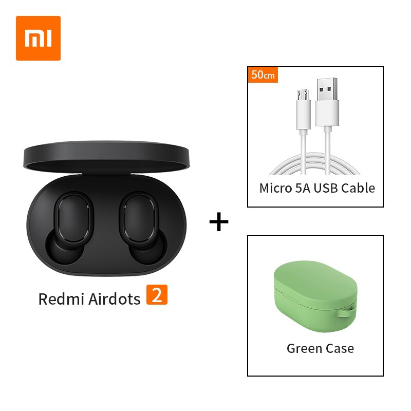 100% Original Xiaomi Redmi Airdots 2 Earbuds AI Control Stereo Bass with Mic Handsfree TWS Wireless Bluetooth 5.0 Earphone: add cable green case