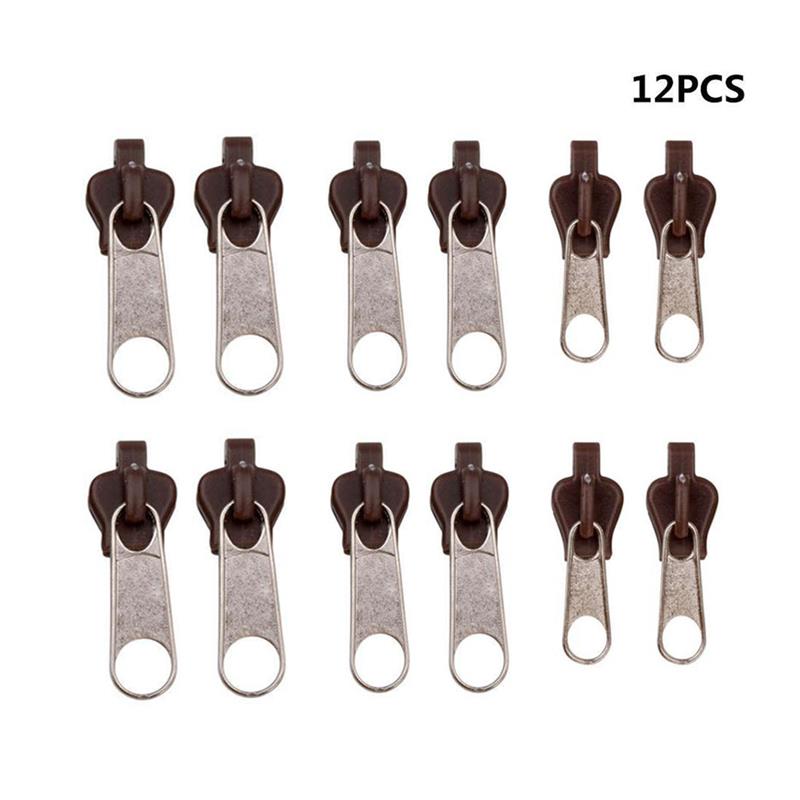 12/6Pcs 3 Sizes Universal Instant Fix Zipper Repair Kit Replacement Zip Slider Teeth Rescue Zippers Sewing Clothes: 12pcs-coffee