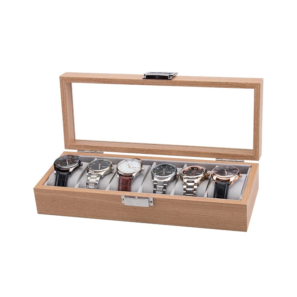 6 Grids Luxe Houten Horloge Doos Horloge Houder Doos Voor Horloges Mannen Glas Top Sieraden Organizer Box 1 2 3 slots Horloge Organizer
