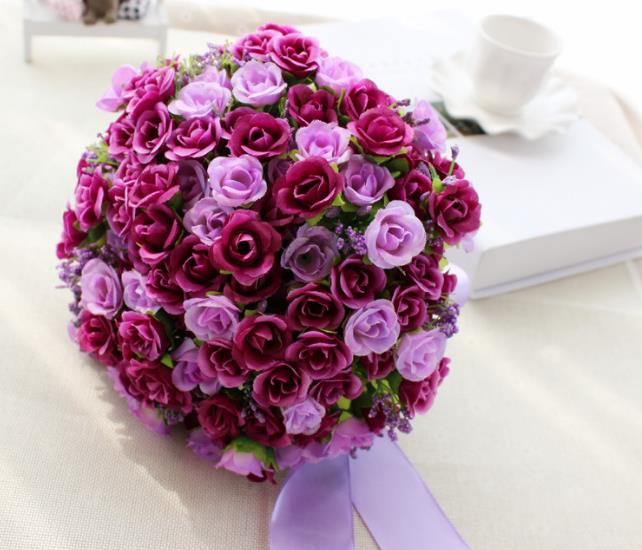 Yellow Purple Red Artificial Silk Wedding Bouquets Bride Hand Holding Flowers Handmade Wedding Bridal Bouquet: Purple