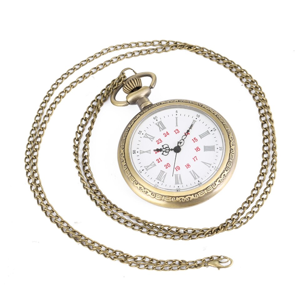 No Cover Quartz Pocket Watches Roman Numerals Bronze Floral Rattan Back Case Necklace Retro Chain Watch for Men Women