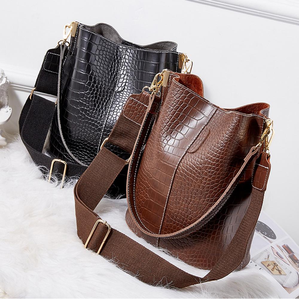 Vintage Casual Bucket Bags for Women Shoulder Bag Crocodile Pattern PU Leather Messenger Bag Big Tote Popular Style