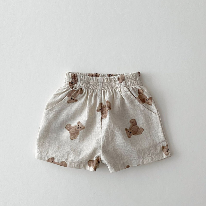 Novo shorts de desenho animado de verão, calções infantis, xadrez, casuais, soltos, estampas fofas de urso, bebês, meninos, algodão