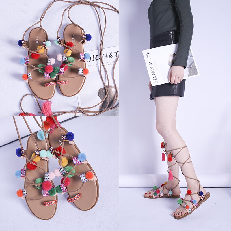 Summer Bohemian Lace-up Sandals Women Style Sweet Colour Fuzzy Ball Flat Cross-tied Shoes Mixed Colors Ankle-strap Sandals