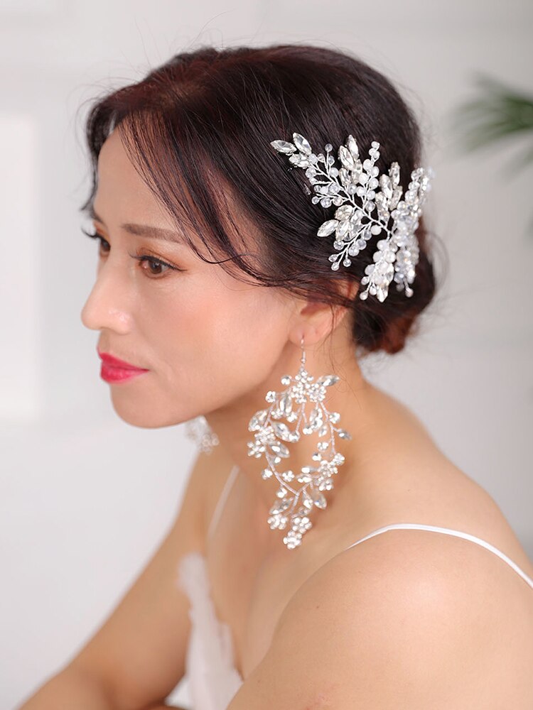 Peinados de boda, tocado de plata, joyas de diamantes de imitación para la cabeza, diadema de cristal y pendientes, conjunto de accesorios para el cabello nupcial