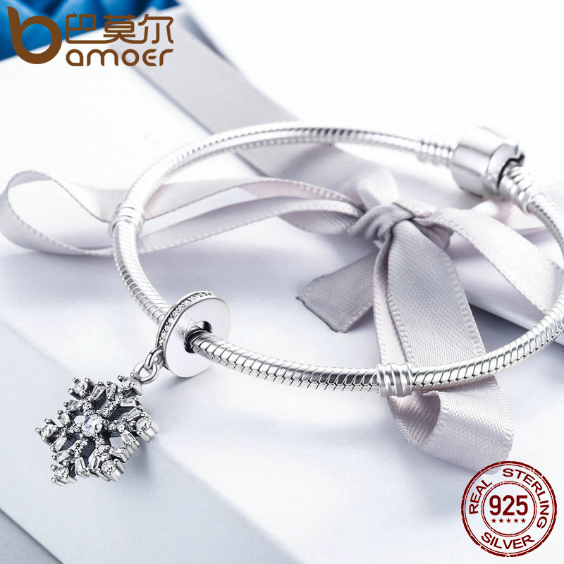 BAMOER 925 Sterling Silver Snowflake Charms Fit Original Bracelet Women Pendant Jewelry Making SCC266