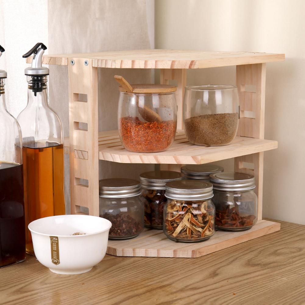 Home Bamboo Countertop 3 Tier Spice Shelf Organizer Multifunctional Corner Kitchen Freely Adjustable Storage Shelf Supplies