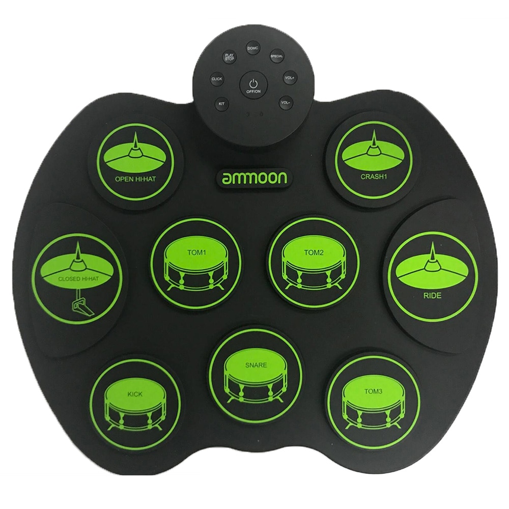 Portable Electronic Drum Set - ammoon Digital Roll-Up Touch Sensitive Practice Drum Kit 9 Drum Pads 2 Foot Pedals (No Speakers)