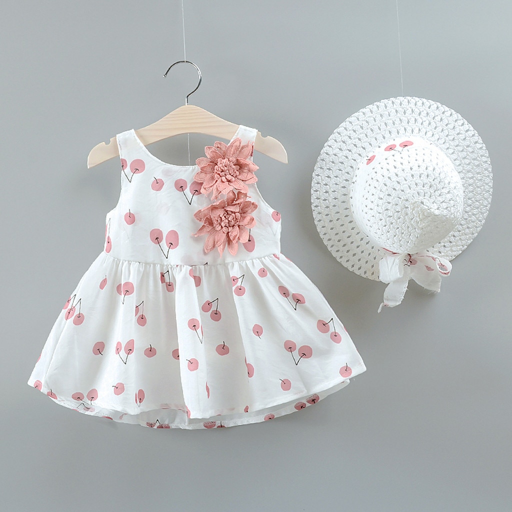 2PCS Toddler Kid Baby Girl Dress Cherry Fruit Printed Flower Dresses For Girl+Hat Summer Outfits Set vestido infantil